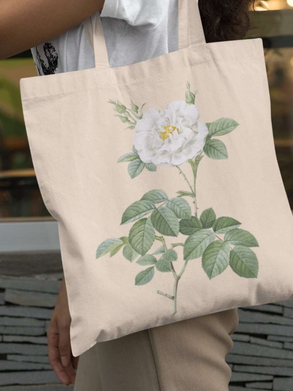 White Rose Vintage Floral Print Graphic Canvas Tote Bag